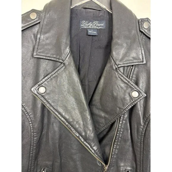 Lucky Brand Womens Black Genuine Leather Moto Jacket Size L - Picture 4 of 16